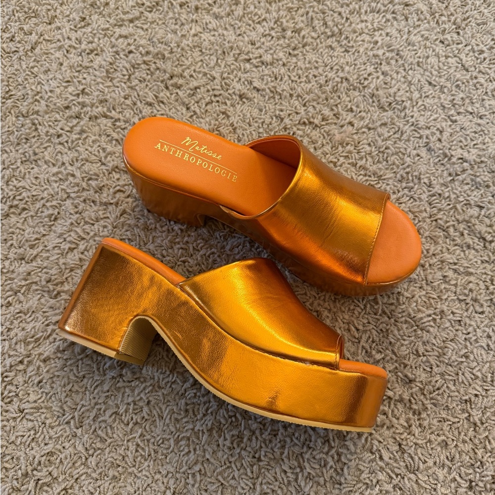 Anthropologie Metallic Orange Platform Mules